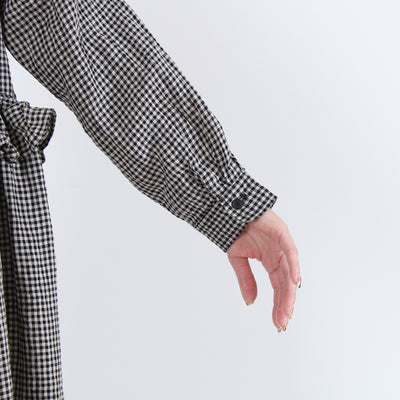 麻100% ウエストフリル 長袖ワンピース 先染めチェックリネン使用