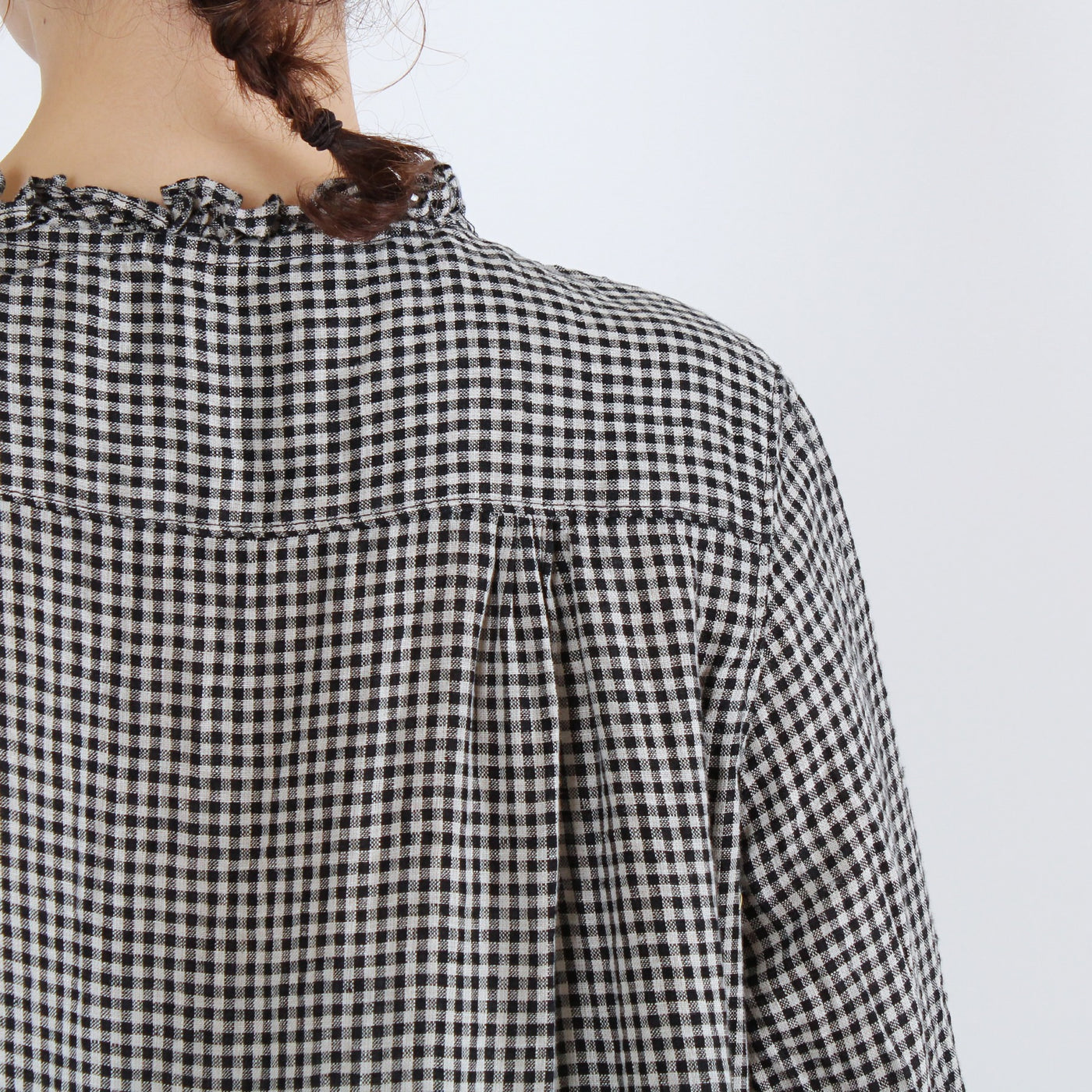 麻100% ウエストフリル 長袖ワンピース 先染めチェックリネン使用