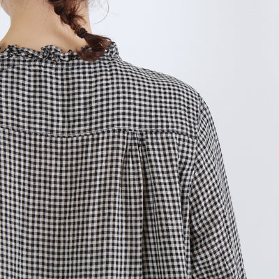 麻100% ウエストフリル 長袖ワンピース 先染めチェックリネン使用