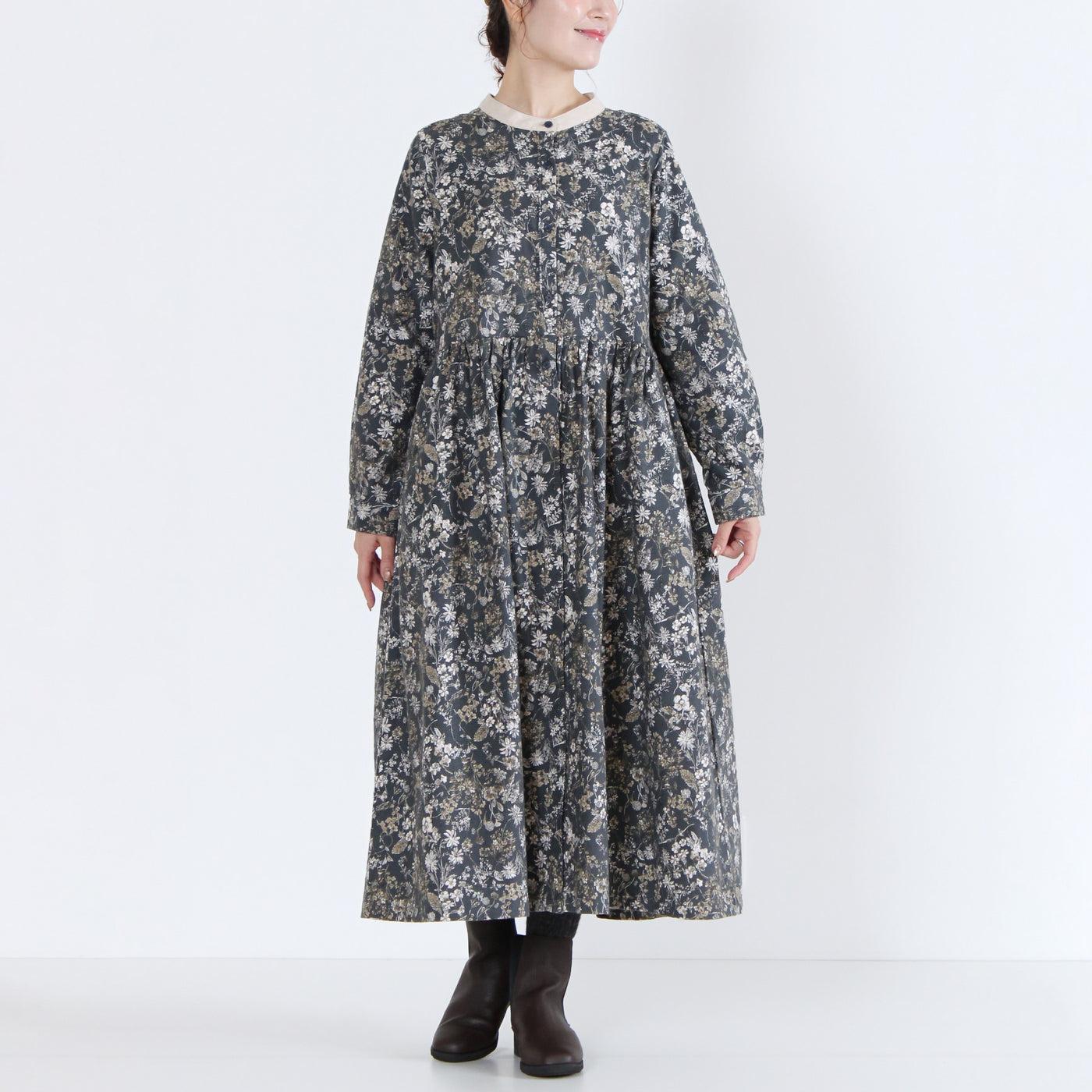 綿100% バイカラー前開き起毛ワンピース 20番手ビエラ起毛使用